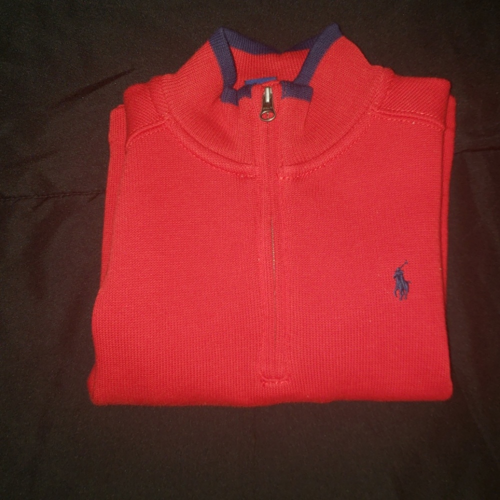 Red and blue mid zip pullover sweater